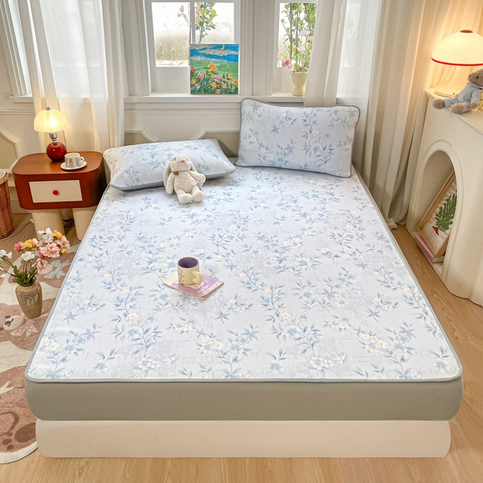 91家纺网 家纺一手货源 找家纺 女子家纺 2026新款斜纹凉感豆豆床笠款 床笠-蓝雾花枝