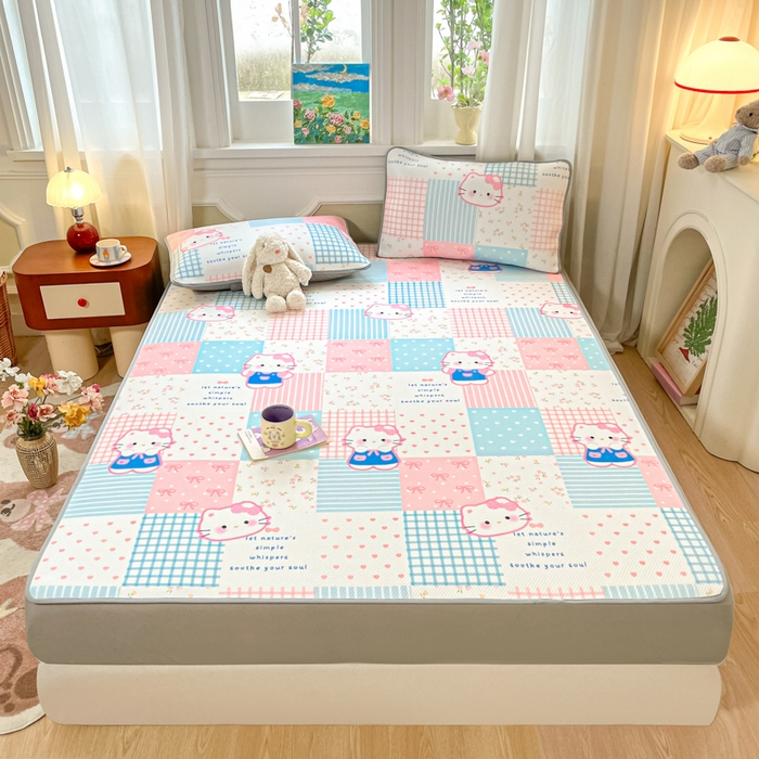 91家纺网 家纺一手货源 找家纺 女子家纺 2026新款斜纹凉感豆豆床笠款 床笠-粉蓝萌猫