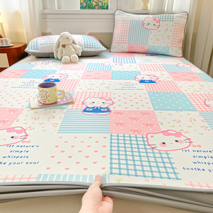 91家纺网 家纺一手货源 找家纺 女子家纺 2026新款斜纹凉感豆豆床笠款 床笠-粉蓝萌猫