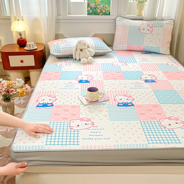 91家纺网 家纺一手货源 找家纺 女子家纺 2026新款斜纹凉感豆豆床笠款 床笠-粉蓝萌猫