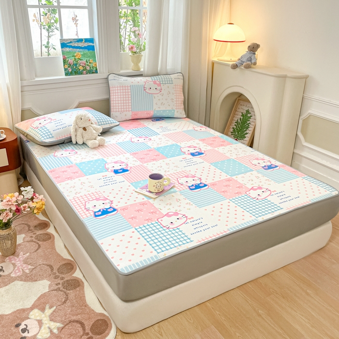 91家纺网 家纺一手货源 找家纺 女子家纺 2026新款斜纹凉感豆豆床笠款 床笠-粉蓝萌猫