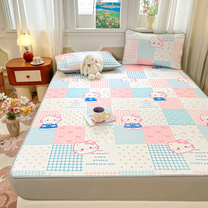 91家纺网 家纺一手货源 找家纺 女子家纺 2026新款斜纹凉感豆豆床笠款 床笠-粉蓝萌猫