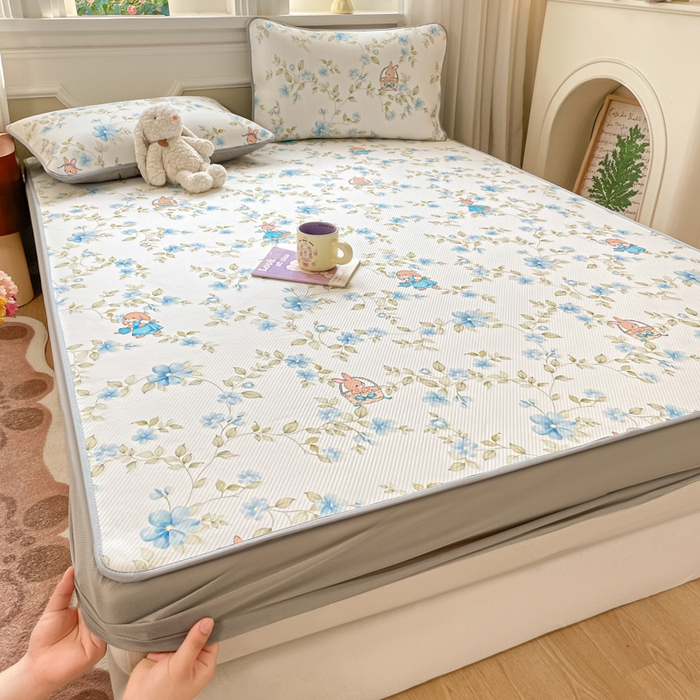 91家纺网 家纺一手货源 找家纺 女子家纺 2026新款斜纹凉感豆豆床笠款 床笠-浅夏花兔