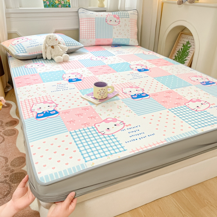 91家纺网 家纺一手货源 找家纺 女子家纺 2026新款斜纹凉感豆豆床笠款 床笠-粉蓝萌猫