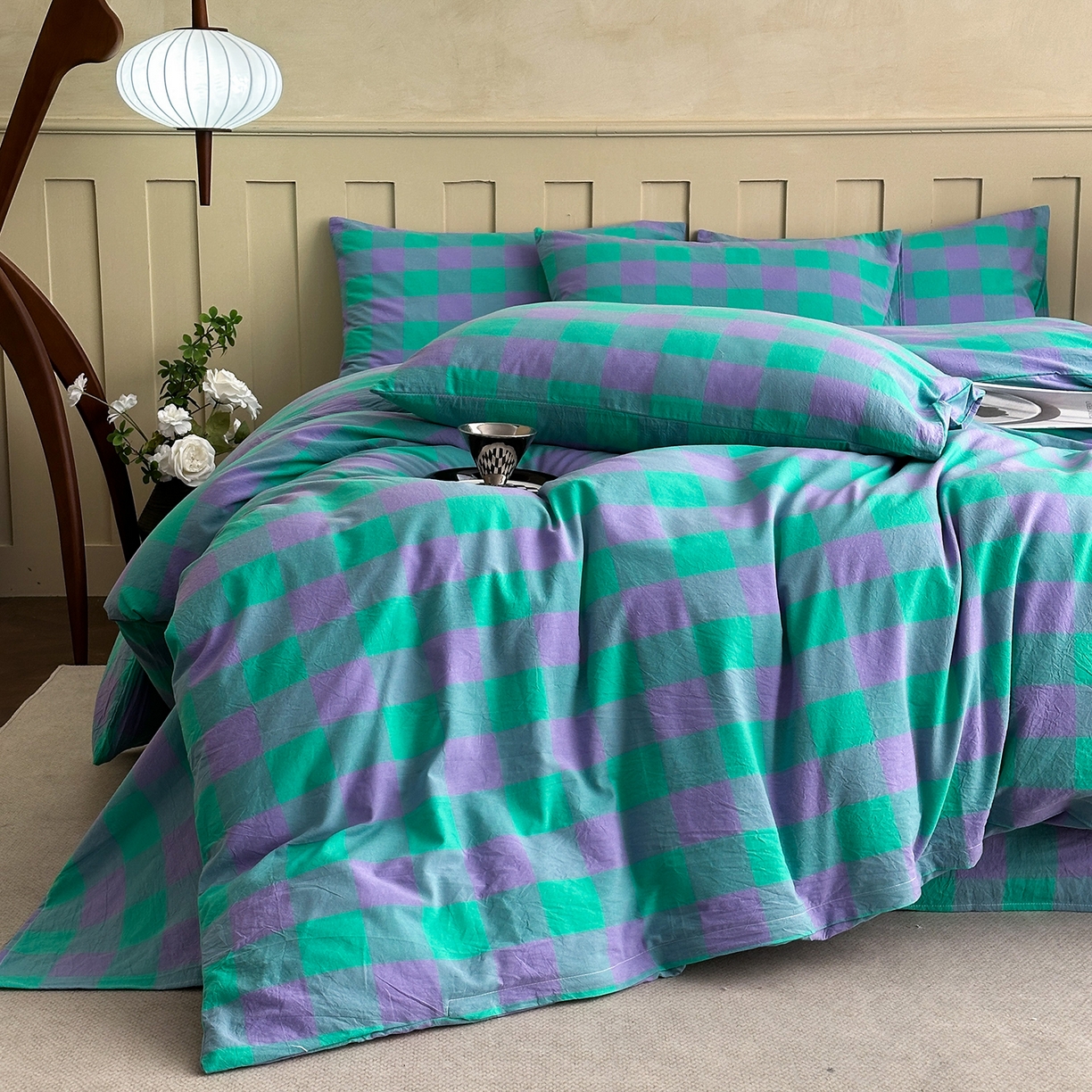 91家纺网 家纺一手货源 找家纺 女子家纺 2026新款全棉色织水洗棉简约四件套 优雅兰