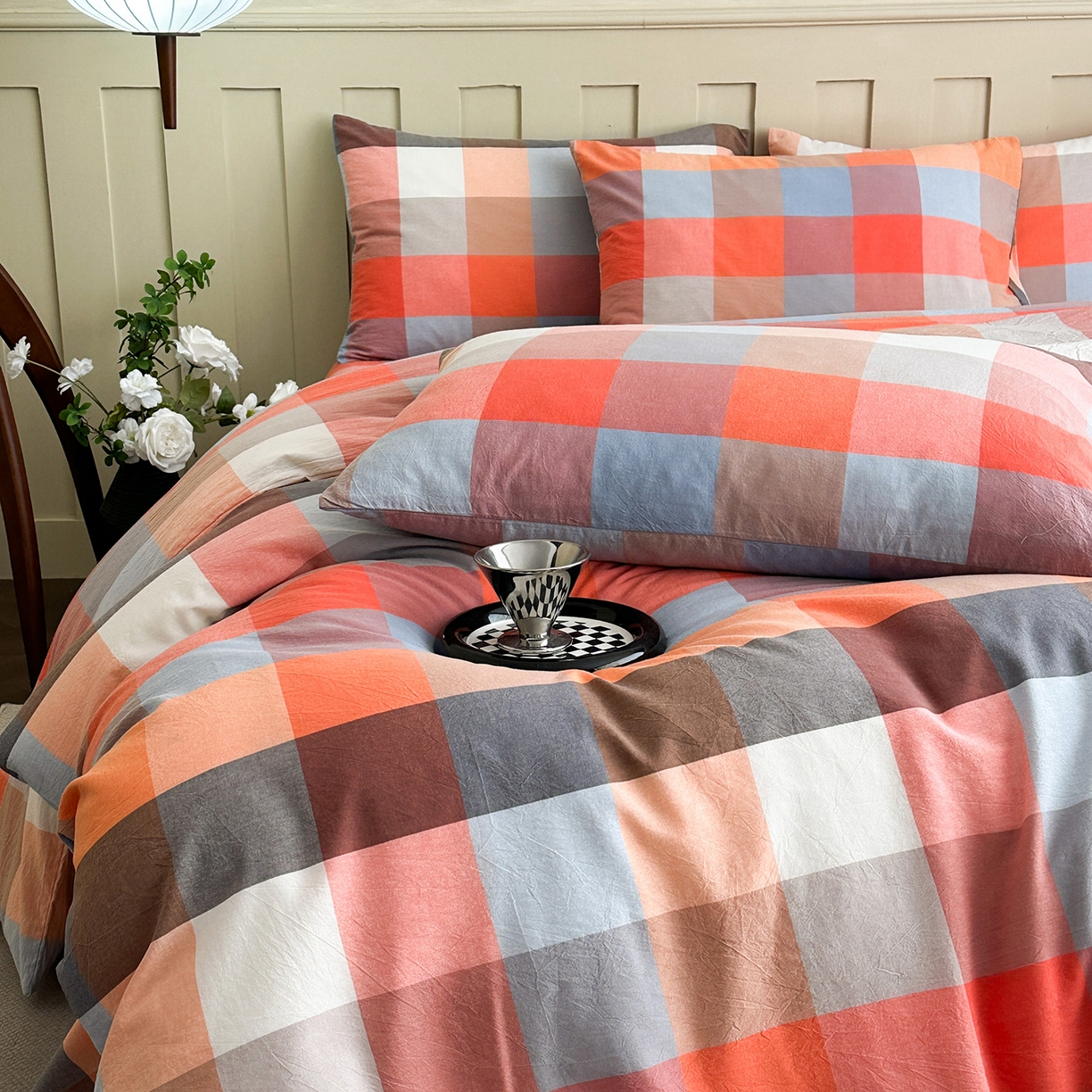 91家纺网 家纺一手货源 找家纺 女子家纺 2026新款全棉色织水洗棉简约四件套 蓝粉格