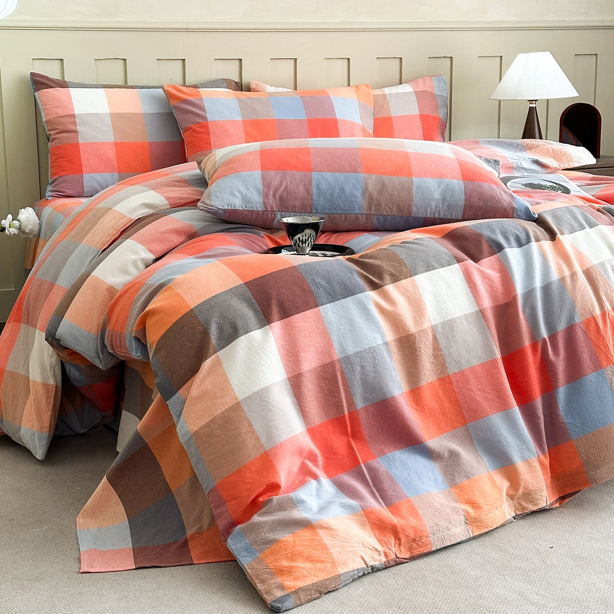 91家纺网 家纺一手货源 找家纺 女子家纺 2026新款全棉色织水洗棉简约四件套 蓝粉格