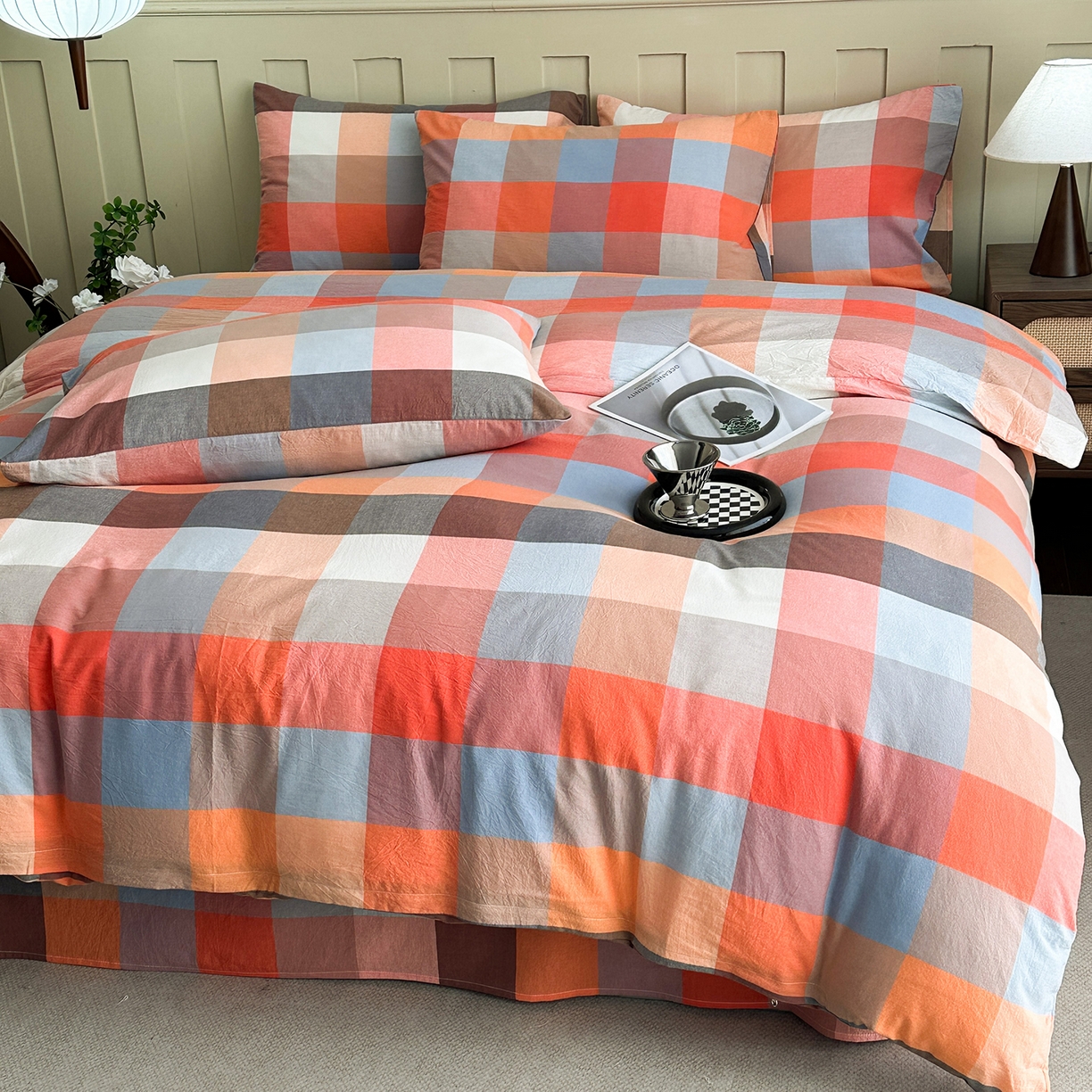 91家纺网 家纺一手货源 找家纺 女子家纺 2026新款全棉色织水洗棉简约四件套 蓝粉格