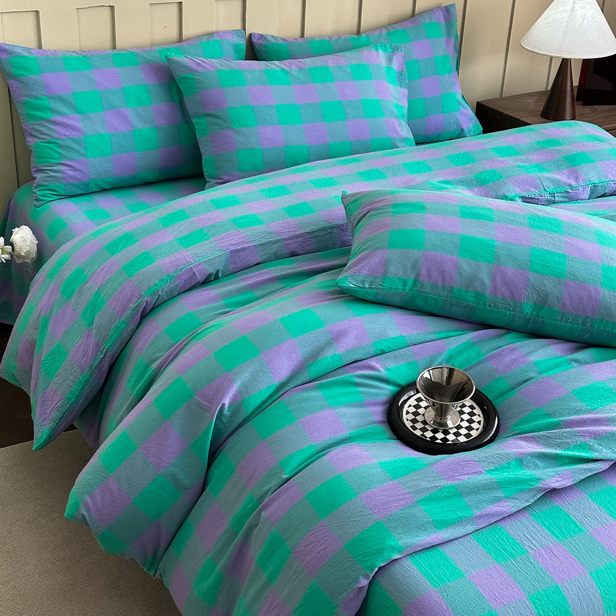 91家纺网 家纺一手货源 找家纺 女子家纺 2026新款全棉色织水洗棉简约四件套 优雅兰