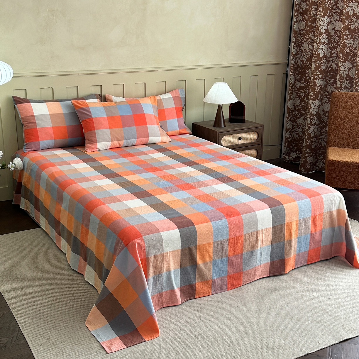 91家纺网 家纺一手货源 找家纺 女子家纺 2026新款全棉色织水洗棉简约四件套 蓝粉格