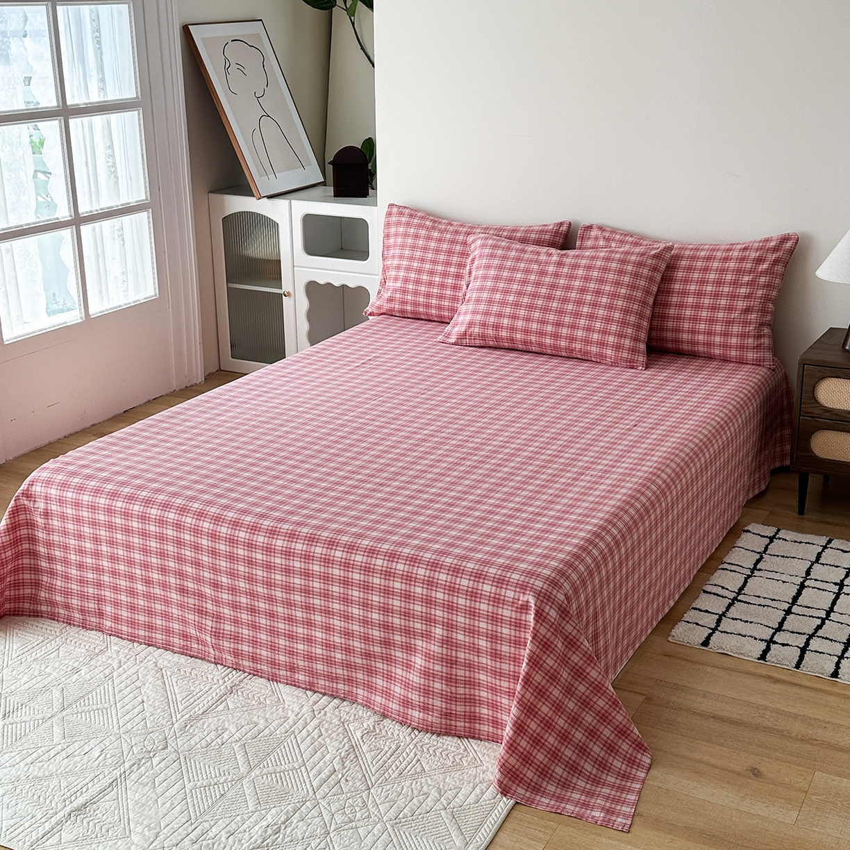 91家纺网 家纺一手货源 找家纺 女子家纺 2026新款全棉色织水洗棉简约四件套 繁花-粉