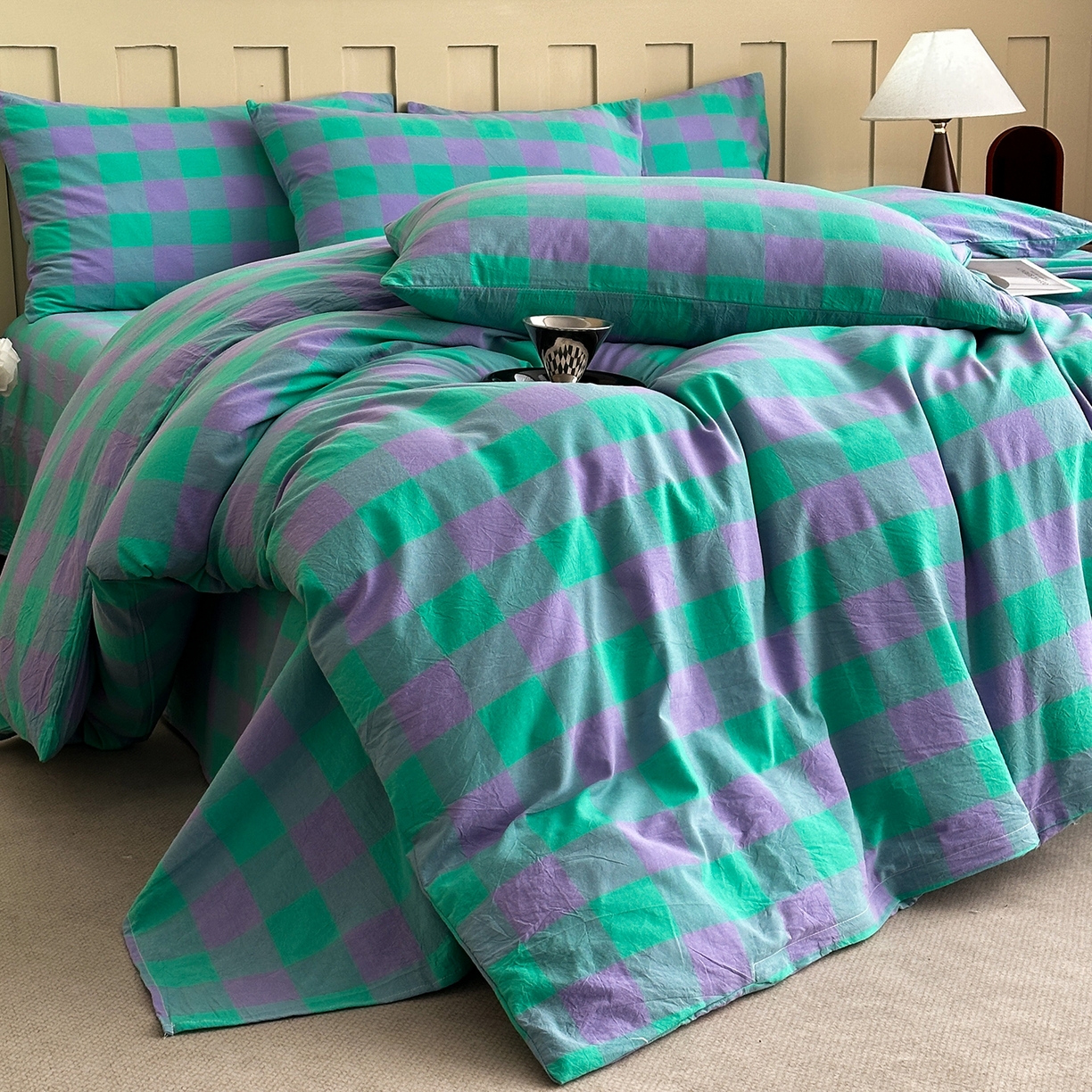 91家纺网 家纺一手货源 找家纺 女子家纺 2026新款全棉色织水洗棉简约四件套 优雅兰