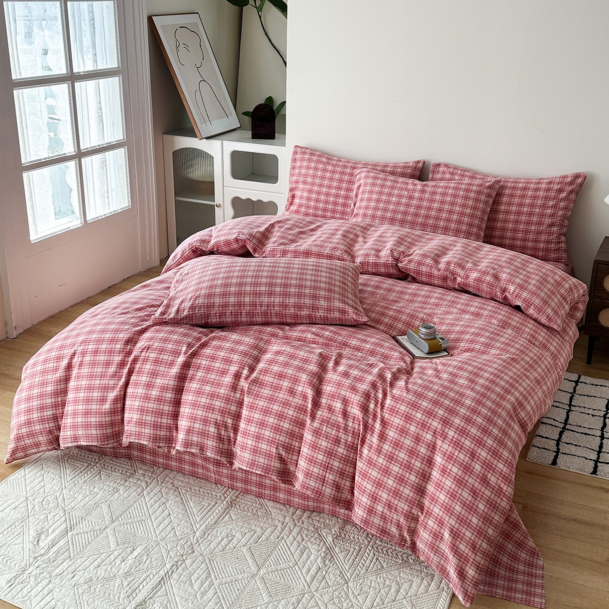 91家纺网 家纺一手货源 找家纺 女子家纺 2026新款全棉色织水洗棉简约四件套 繁花-粉