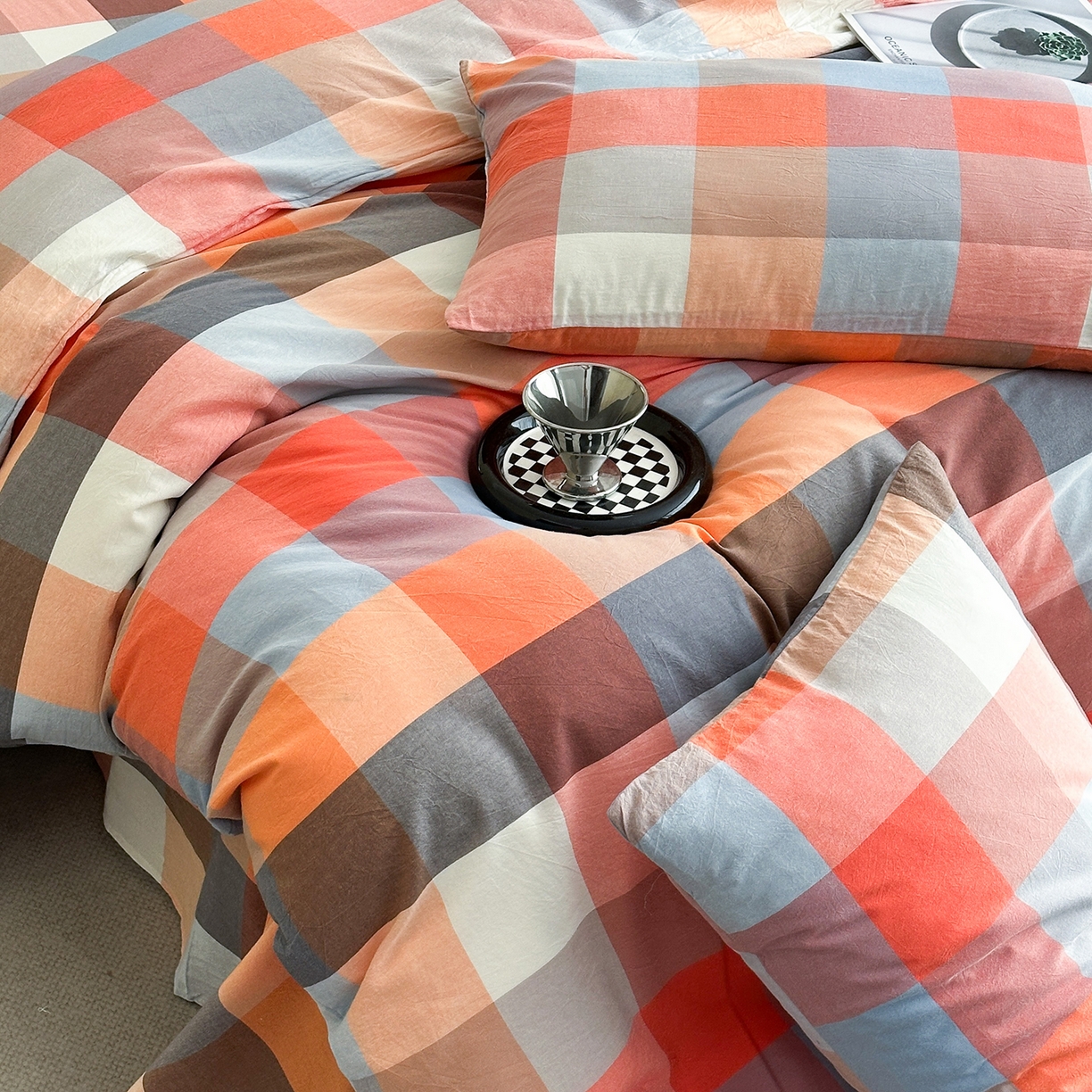 91家纺网 家纺一手货源 找家纺 女子家纺 2026新款全棉色织水洗棉简约四件套 蓝粉格