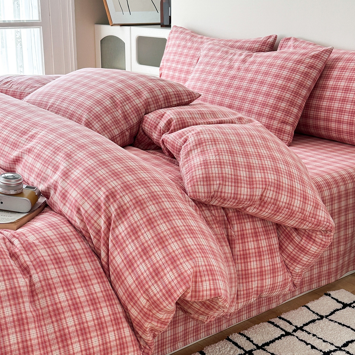 91家纺网 家纺一手货源 找家纺 女子家纺 2026新款全棉色织水洗棉简约四件套 繁花-粉