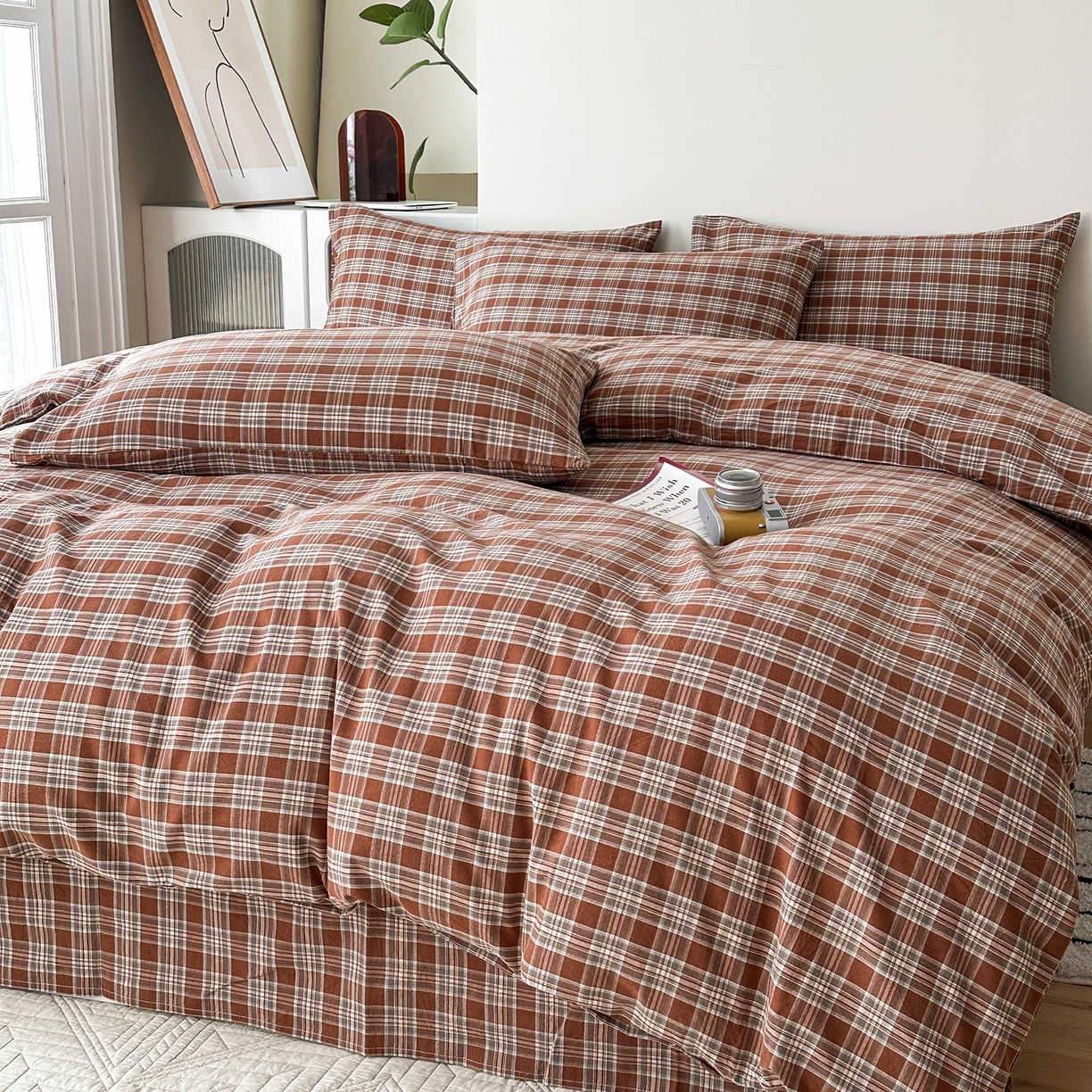 91家纺网 家纺一手货源 找家纺 女子家纺 2026新款全棉色织水洗棉简约四件套 繁花-咖