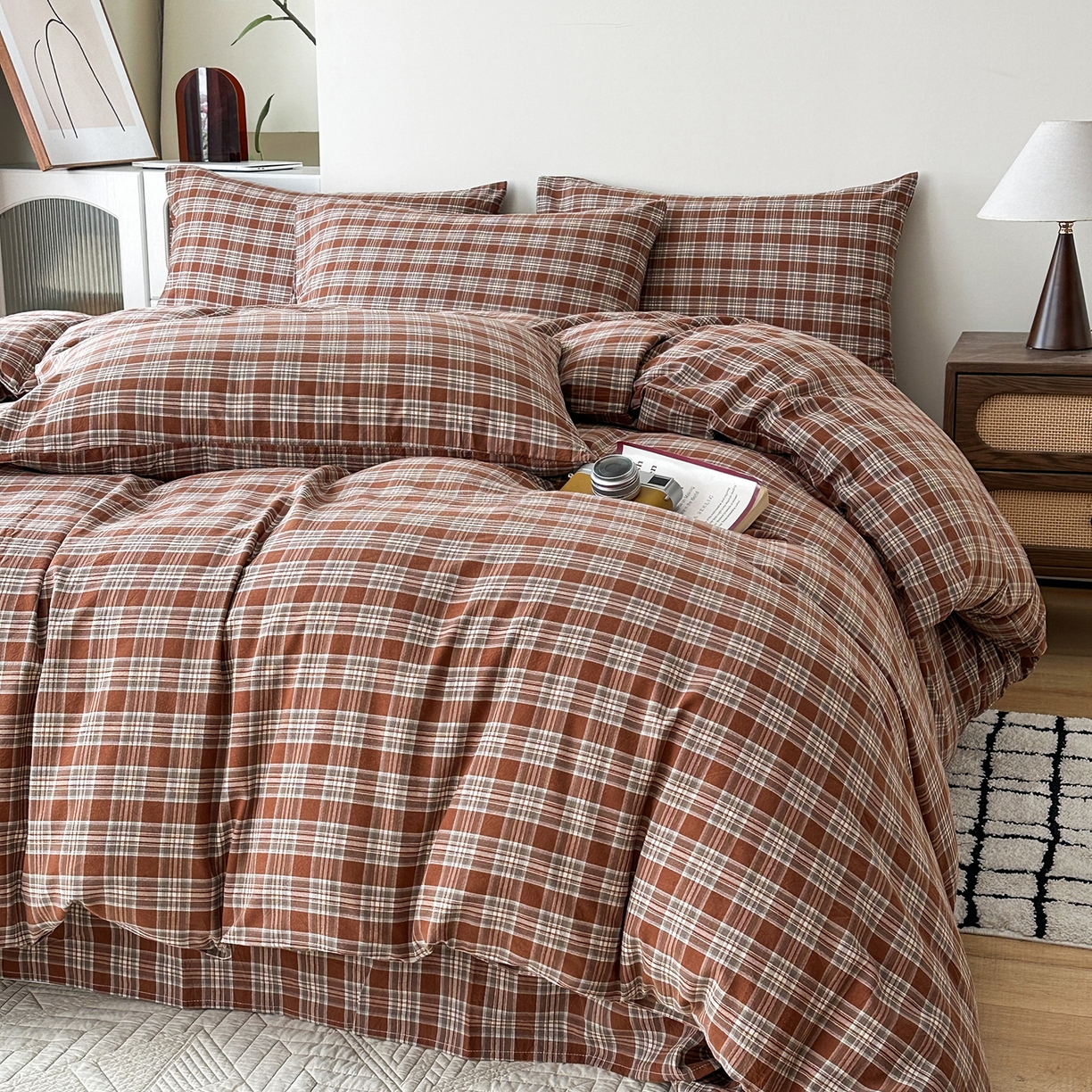 91家纺网 家纺一手货源 找家纺 女子家纺 2026新款全棉色织水洗棉简约四件套 繁花-咖