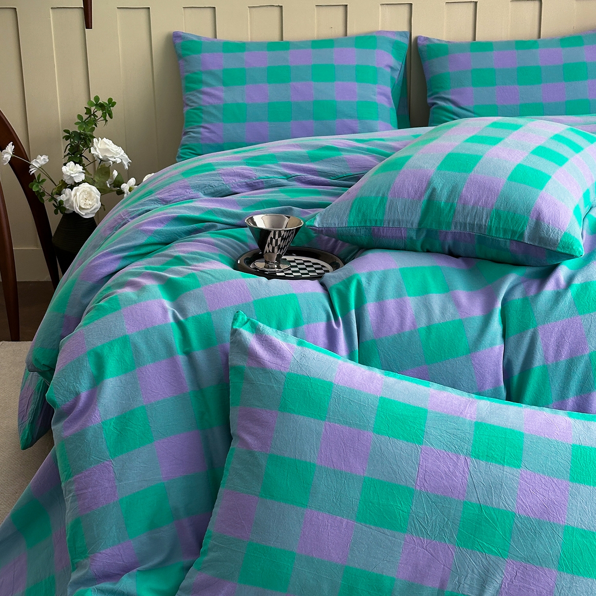 91家纺网 家纺一手货源 找家纺 女子家纺 2026新款全棉色织水洗棉简约四件套 优雅兰