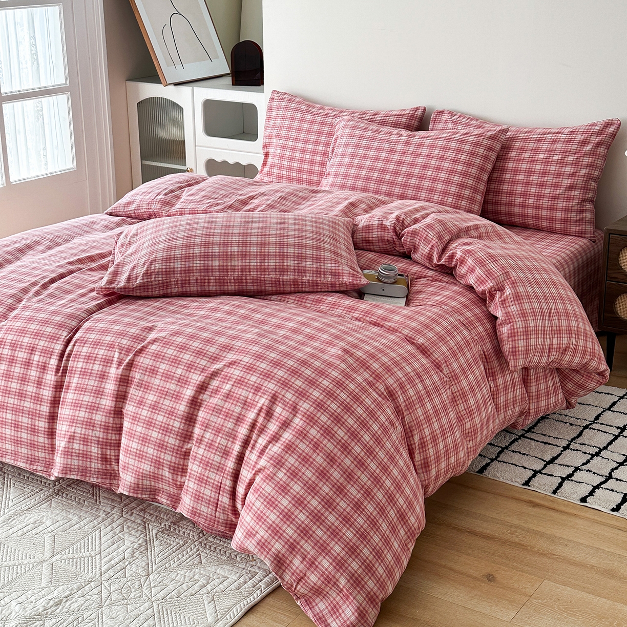 91家纺网 家纺一手货源 找家纺 女子家纺 2026新款全棉色织水洗棉简约四件套 繁花-粉