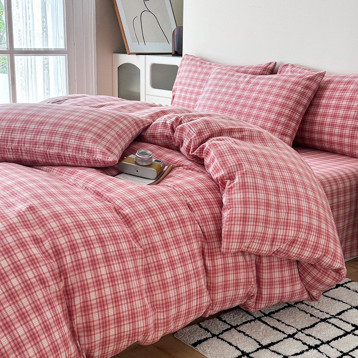 91家纺网 家纺一手货源 找家纺 女子家纺 2026新款全棉色织水洗棉简约四件套 繁花-粉