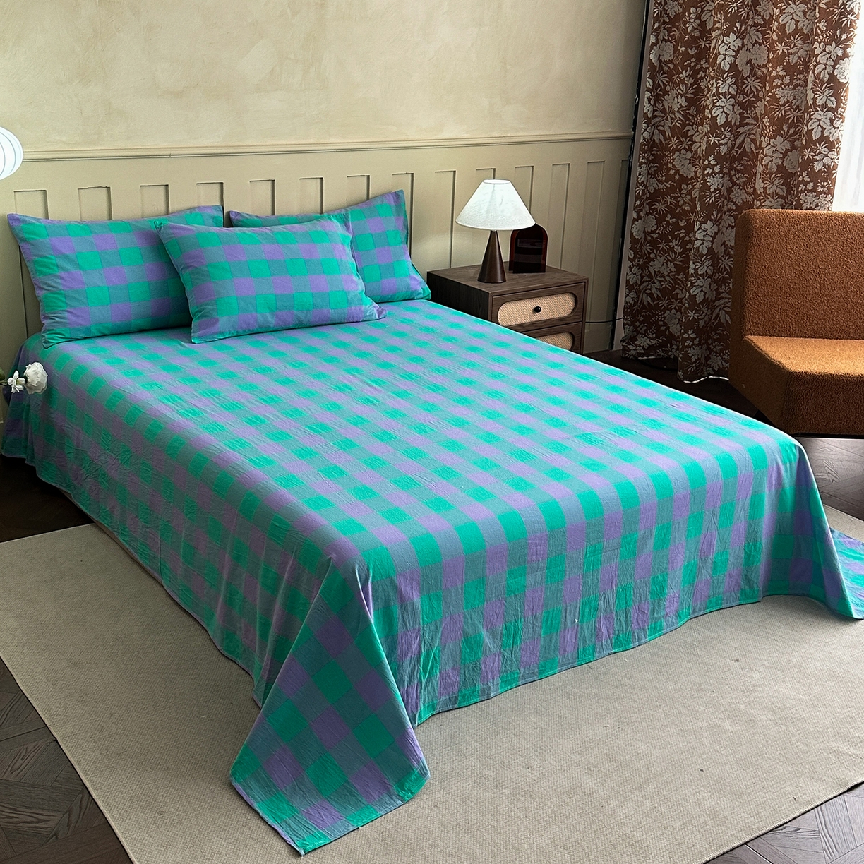 91家纺网 家纺一手货源 找家纺 女子家纺 2026新款全棉色织水洗棉简约四件套 优雅兰