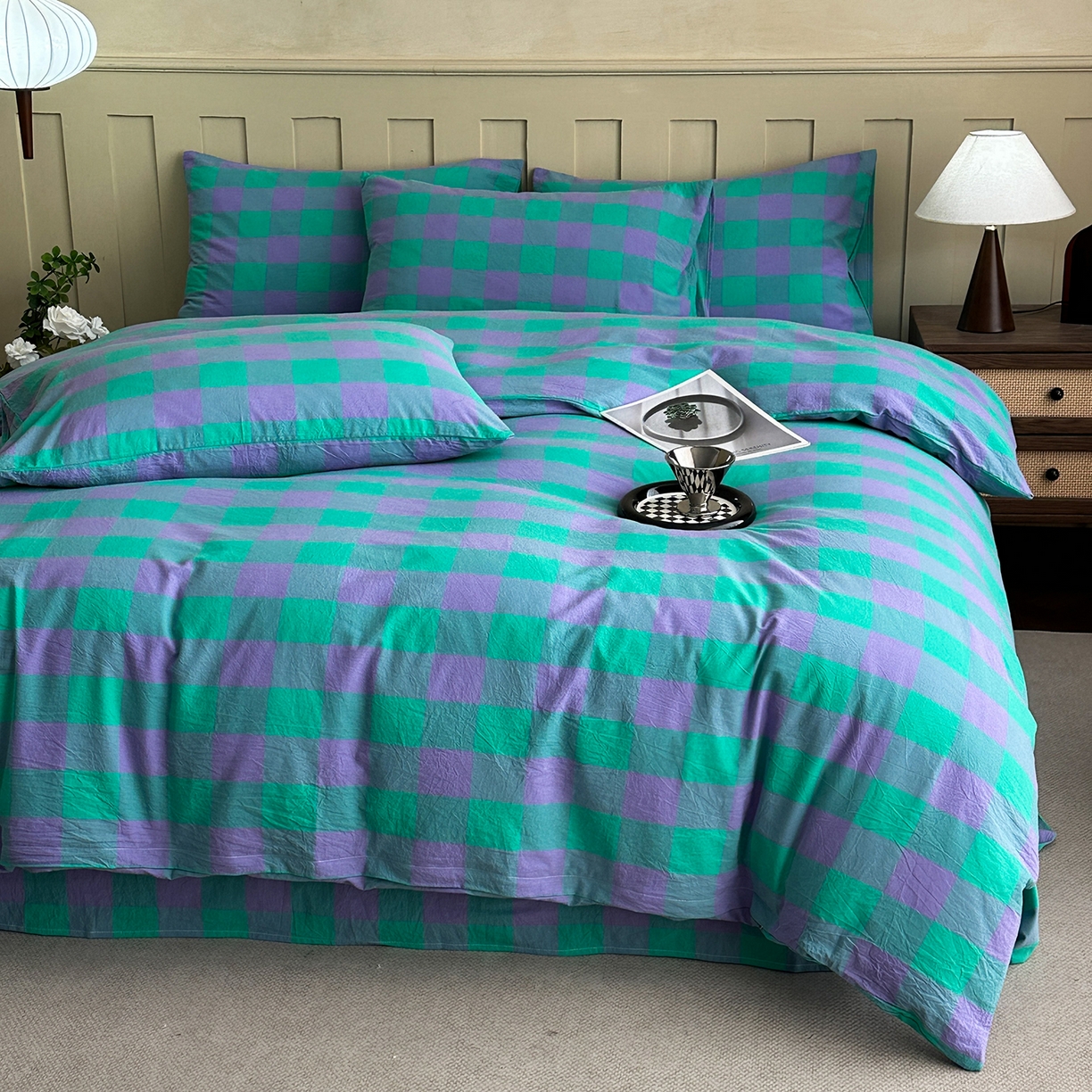 91家纺网 家纺一手货源 找家纺 女子家纺 2026新款全棉色织水洗棉简约四件套 优雅兰