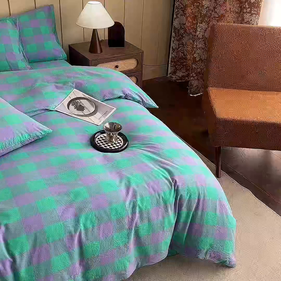 91家纺网 家纺一手货源 找家纺 女子家纺 2026新款全棉色织水洗棉简约四件套 优雅兰