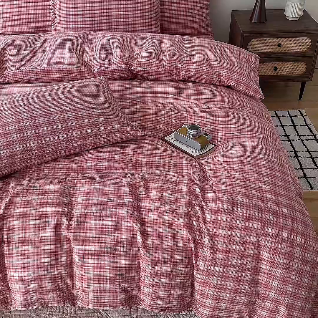 91家纺网 家纺一手货源 找家纺 女子家纺 2026新款全棉色织水洗棉简约四件套 繁花-粉