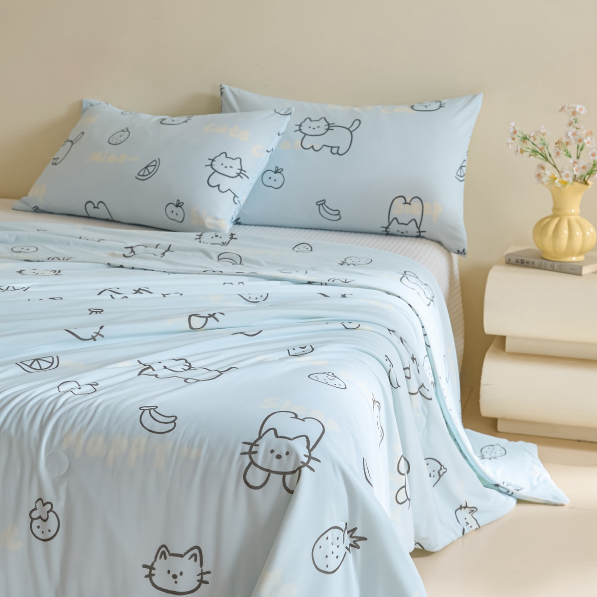 91家纺网 家纺一手货源 找家纺 一加一 2026新款A类凉感冰皮印花冰蚕被夏被夏凉被空调被 夏日甜猫