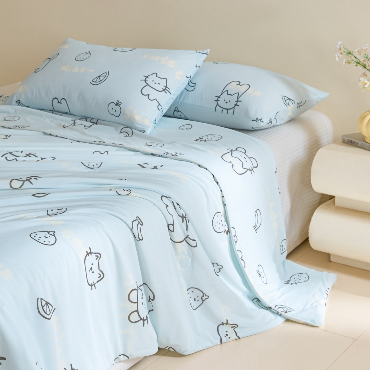 91家纺网 家纺一手货源 找家纺 一加一 2026新款A类凉感冰皮印花冰蚕被夏被夏凉被空调被 夏日甜猫