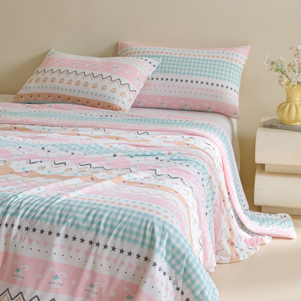 91家纺网 家纺一手货源 找家纺 一加一 2026新款A类凉感冰皮印花冰蚕被夏被夏凉被空调被 星兔时光