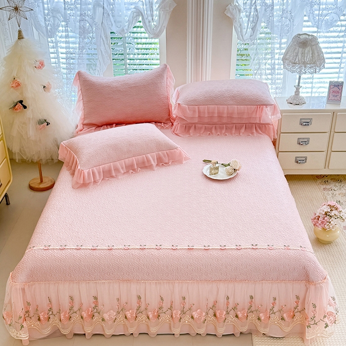 苏米娜家纺SUMINA 2026春夏新款PE高分子双层蕾丝刺绣花边床裙款凉席三件套-伊莉莎系列 伊莉莎-粉黛