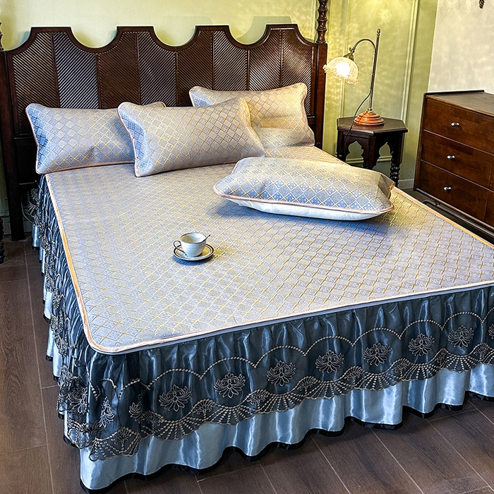 网红馆（ck家纺） 2026新款可脱卸床裙款冰藤席凉席席子-雅韵 雅韵-蓝小格