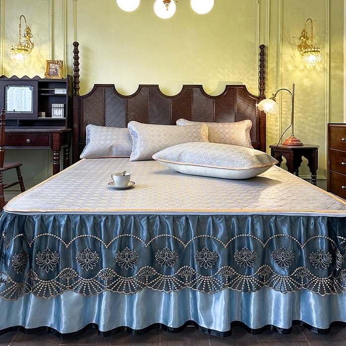 91家纺网 家纺一手货源 找家纺 网红馆（ck家纺） 2026新款可脱卸床裙款冰藤席凉席席子-雅韵 雅韵-蓝小格