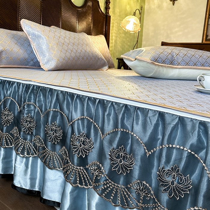 91家纺网 家纺一手货源 找家纺 网红馆（ck家纺） 2026新款可脱卸床裙款冰藤席凉席席子-雅韵 雅韵-蓝小格