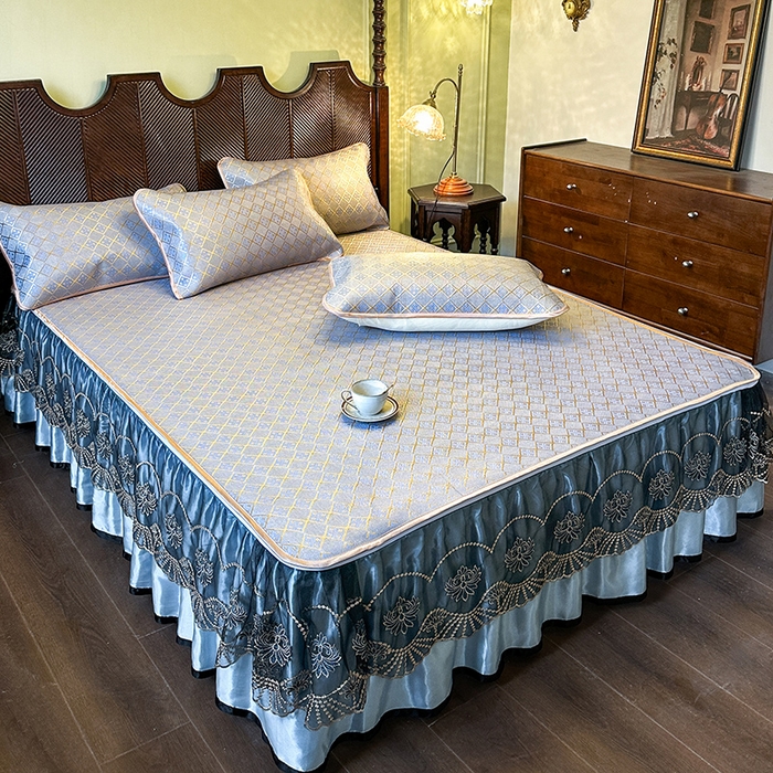 91家纺网 家纺一手货源 找家纺 网红馆（ck家纺） 2026新款可脱卸床裙款冰藤席凉席席子-雅韵 雅韵-蓝小格