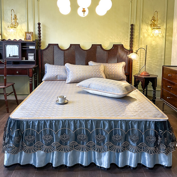 91家纺网 家纺一手货源 找家纺 网红馆（ck家纺） 2026新款可脱卸床裙款冰藤席凉席席子-雅韵 雅韵-蓝小格