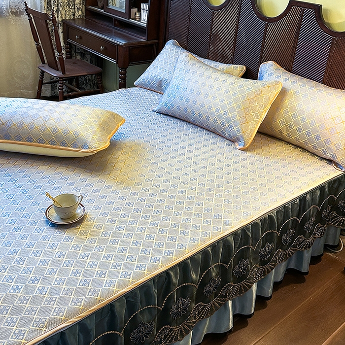 91家纺网 家纺一手货源 找家纺 网红馆（ck家纺） 2026新款可脱卸床裙款冰藤席凉席席子-雅韵 雅韵-蓝小格