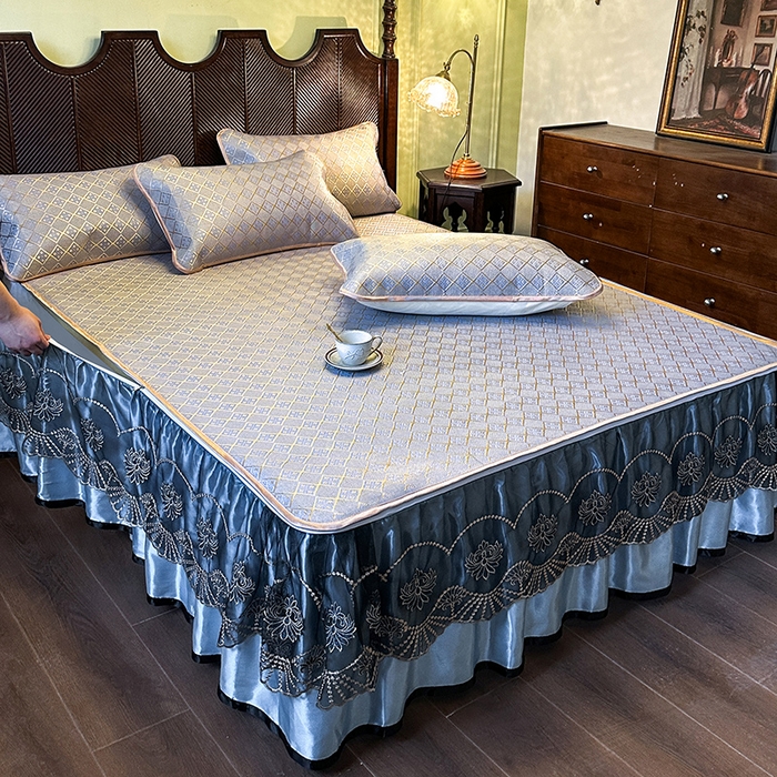 91家纺网 家纺一手货源 找家纺 网红馆（ck家纺） 2026新款可脱卸床裙款冰藤席凉席席子-雅韵 雅韵-蓝小格