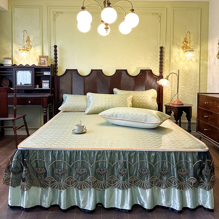 91家纺网 家纺一手货源 找家纺 网红馆（ck家纺） 2026新款可脱卸床裙款冰藤席凉席席子-雅韵 雅韵-绿小格