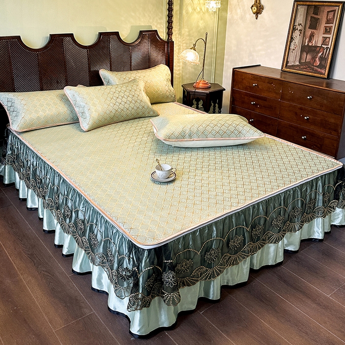 91家纺网 家纺一手货源 找家纺 网红馆（ck家纺） 2026新款可脱卸床裙款冰藤席凉席席子-雅韵 雅韵-绿小格