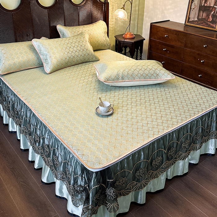 91家纺网 家纺一手货源 找家纺 网红馆（ck家纺） 2026新款可脱卸床裙款冰藤席凉席席子-雅韵 雅韵-绿小格