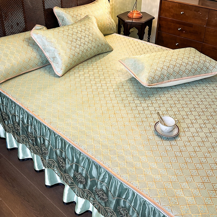 91家纺网 家纺一手货源 找家纺 网红馆（ck家纺） 2026新款可脱卸床裙款冰藤席凉席席子-雅韵 雅韵-绿小格