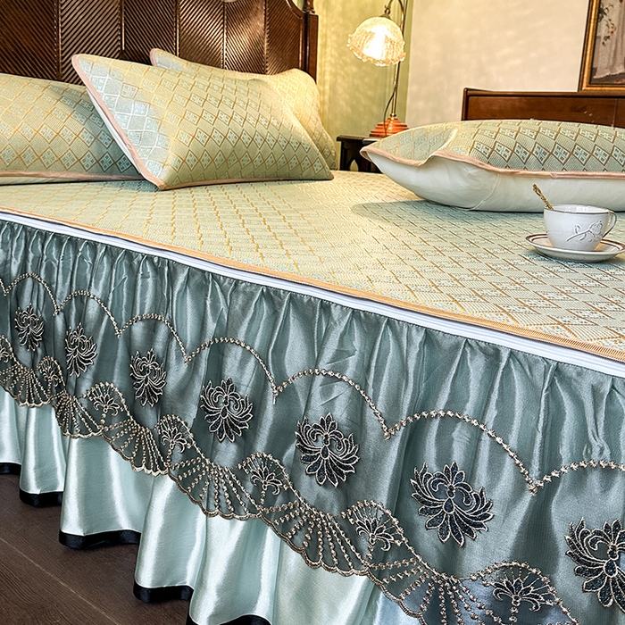 91家纺网 家纺一手货源 找家纺 网红馆（ck家纺） 2026新款可脱卸床裙款冰藤席凉席席子-雅韵 雅韵-绿小格