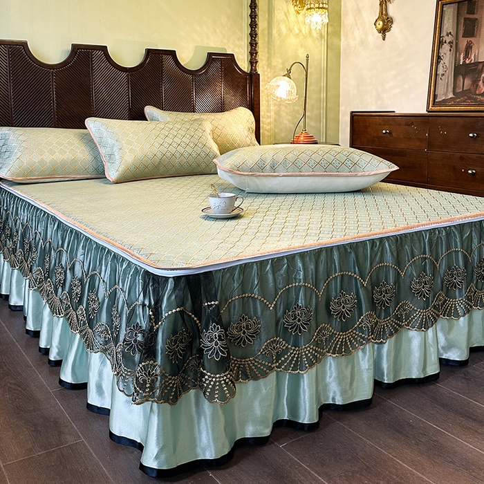 91家纺网 家纺一手货源 找家纺 网红馆（ck家纺） 2026新款可脱卸床裙款冰藤席凉席席子-雅韵 雅韵-绿小格