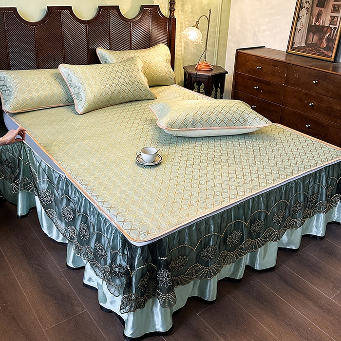 91家纺网 家纺一手货源 找家纺 网红馆（ck家纺） 2026新款可脱卸床裙款冰藤席凉席席子-雅韵 雅韵-绿小格