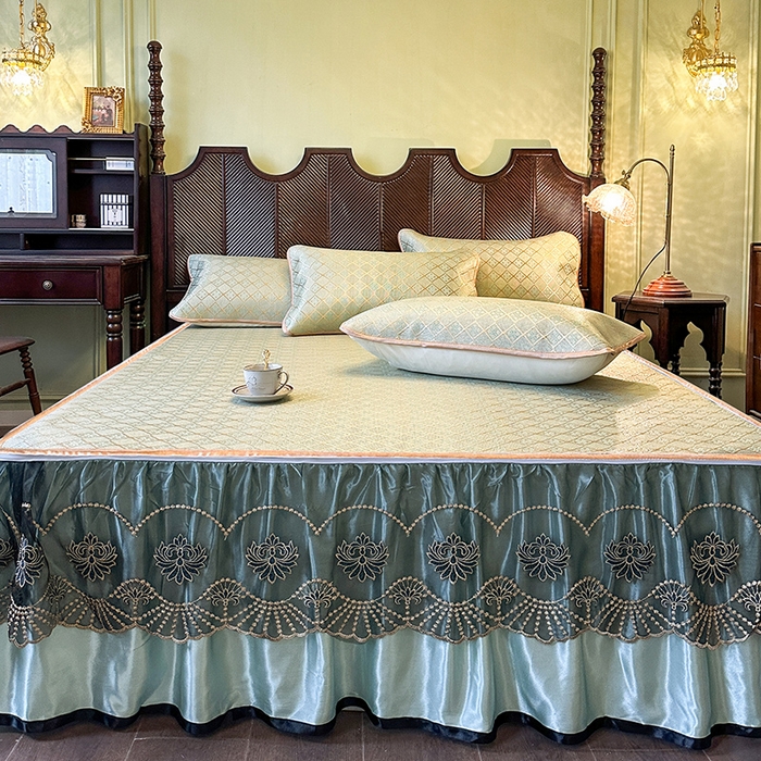 91家纺网 家纺一手货源 找家纺 网红馆（ck家纺） 2026新款可脱卸床裙款冰藤席凉席席子-雅韵 雅韵-绿小格