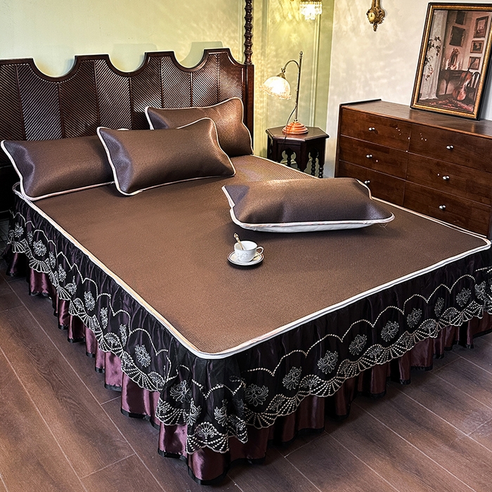 91家纺网 家纺一手货源 找家纺 网红馆（ck家纺） 2026新款可脱卸床裙款冰藤席凉席席子-雅韵 雅韵-深咖