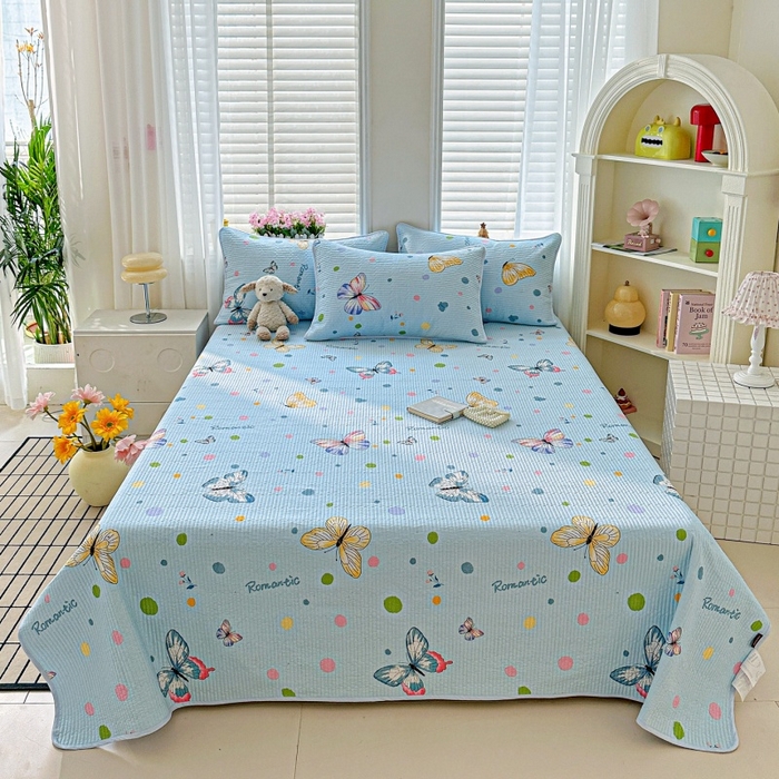 文黛家居 2026新款全棉夹棉印花床盖三件套 蝶舞-蓝