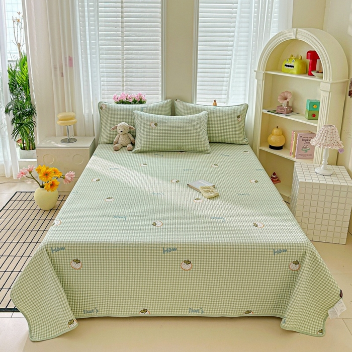 文黛家居 2026新款全棉夹棉印花床盖三件套 格纹水果